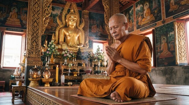 Buddhist monk meditating in a traditional temple
