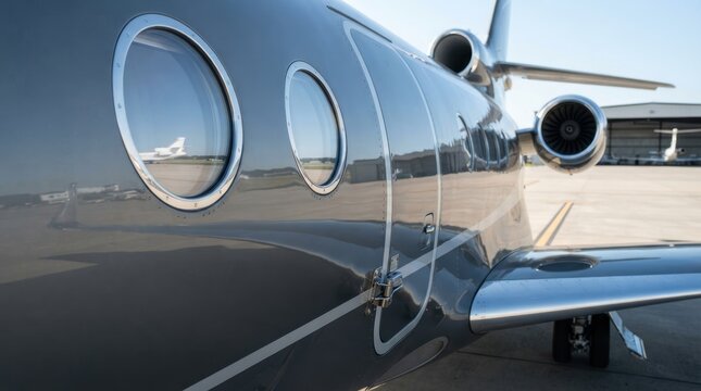 Close-up of a private jet fuselage with round windows parked on an airfield
