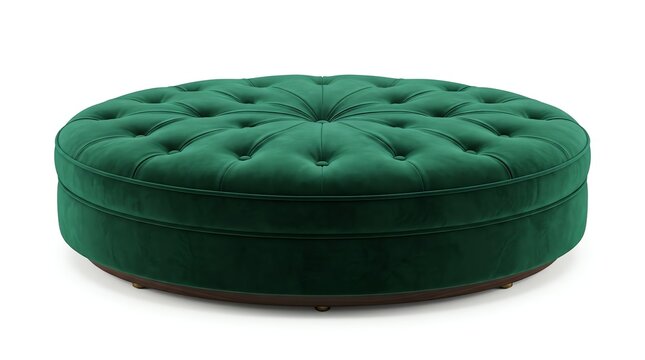 Large emerald green velvet button tufted round ottoman for luxurious home decor.