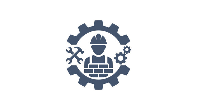 Construction worker icon featuring dark blue gear, brick wall, wrench and hammer in flat style