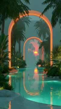 Tropical Summer Futuristic Club Background with Orange Yellow Vegetation and Cinematic Light in Nightlife Event Scene