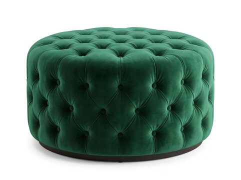 Green velvet tufted ottoman with dark circular base enhances luxury interiors.