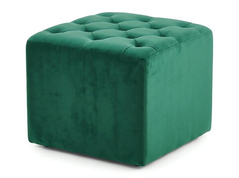 Minimalist green velvet tufted ottoman stool with sleek low profile base design.
