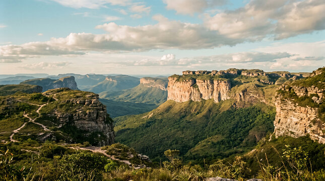dramatic mountain landscape with rocky cliffs and deep valley view