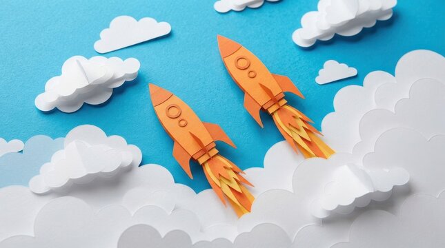 Papercraft rocket ships flying through fluffy paper clouds in a blue sky