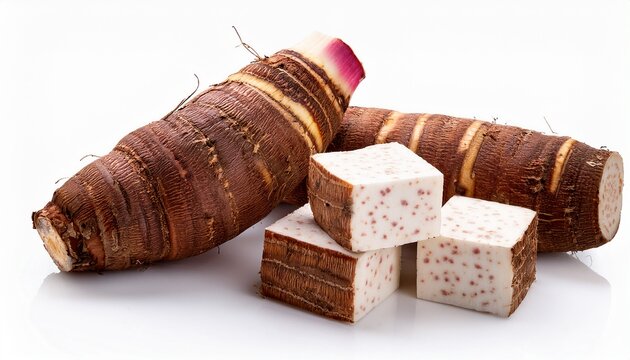 Stick And Cube Of Taro Root Isolated On White Background