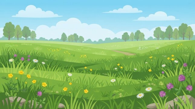 Green field with flowers, rolling hills and blue sky
