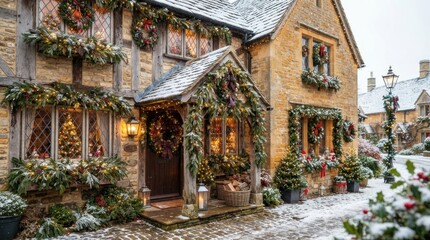 Fototapeta premium Traditional English stone cottage decorated for Christmas with festive wreaths and snow