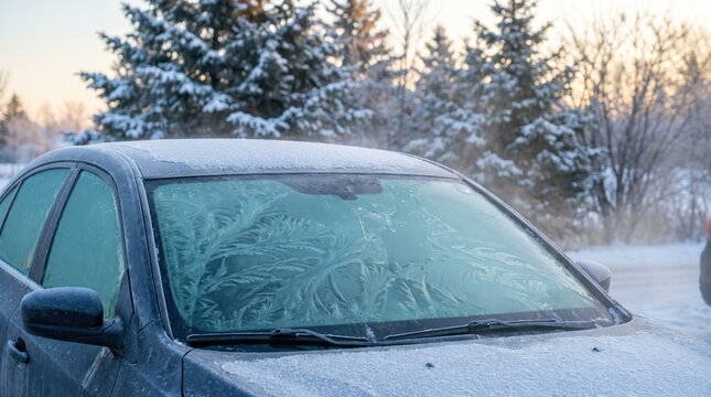Car windshield completely covered with delicate frost patterns and thin ice on cold winter morning. Parked vehicle surrounded by snowy blurred trees.
