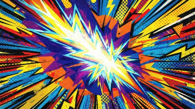 Vibrant comic book explosion background with dynamic lightning bolts