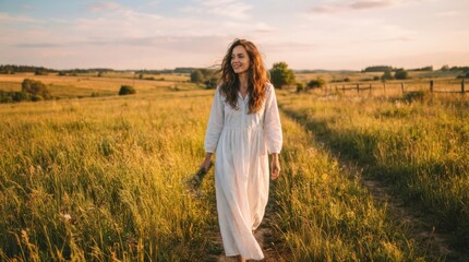 Obraz premium Young woman in white dress walking through a grassy field at sunset