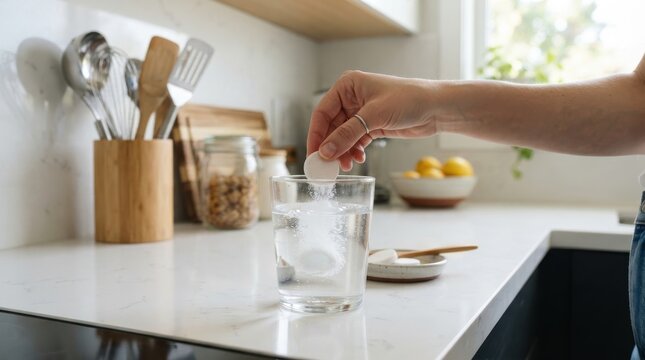 Woman dropping effervescent tablet into glass of water in kitchen