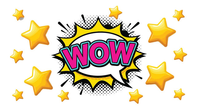Vibrant wow expression inside comic book speech bubble surrounded by bright yellow shiny floating stars