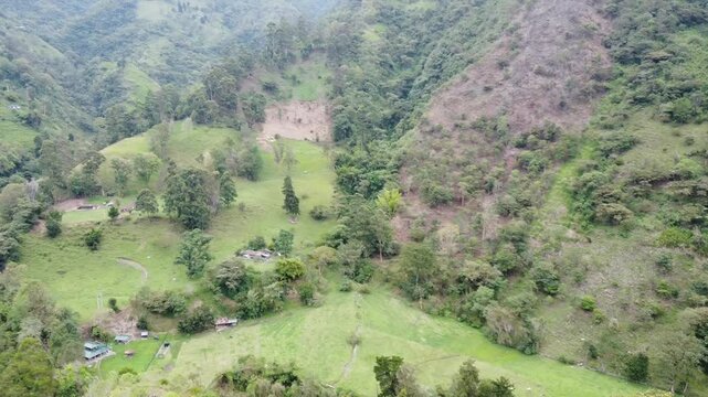 Drone aerial view of the lush Combeima Canyon in Juntas Tolima Colombia with expansive green mountains abundant trees and a distant river winding through the scenic valley
