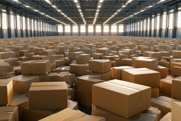 Fototapeta premium Large warehouse filled with countless cardboard boxes during daylight hours