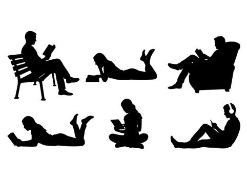 Collection of Silhouettes Featuring People Engaged in Various Reading and Relaxation Activities