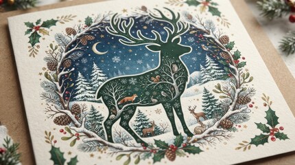 Fototapeta premium Christmas greeting card featuring a green deer with winter forest design