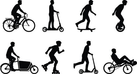 Set of micro mobility and urban transport vector icons in black silhouette style © SONET