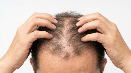 Fototapeta premium Man checking hair loss and thinning hair on his head