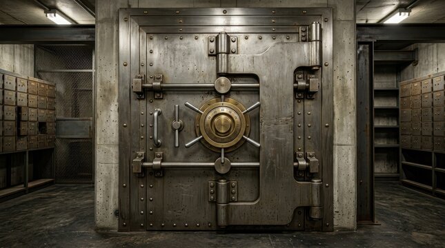 Heavy metal vault door in a secure underground bank basement