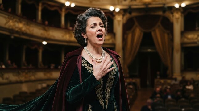 Female opera singer performing on stage in a historic theater