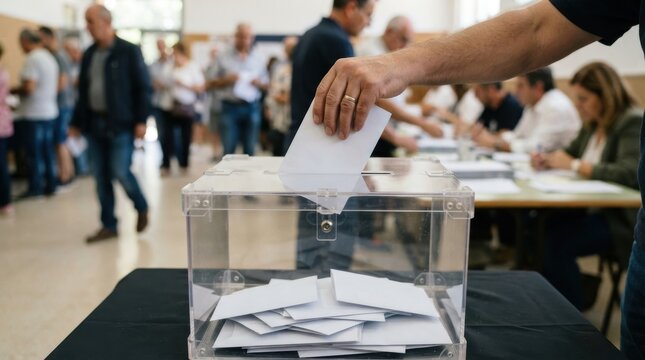 Voter casting a ballot into a transparent box during an election