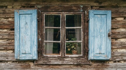 Fototapeta premium Old rustic window with weathered blue wooden shutters set in a log cabin wall