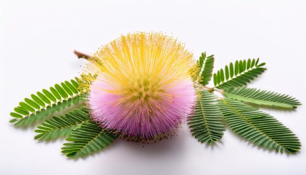 Sensitive Plant Mimosa Pudica Flower And Leaves On White Background