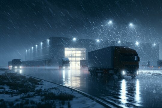 Trucks parked outside a warehouse during heavy rain at night