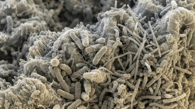 Scanning electron micrograph of bacteria colony