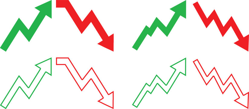 Financial trend arrow icon set showing green profit growth and red loss decline vectors. Professional graphic elements for business stock market chart design.