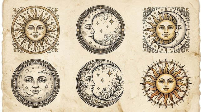 Vintage celestial sun and moon illustrations set on old paper