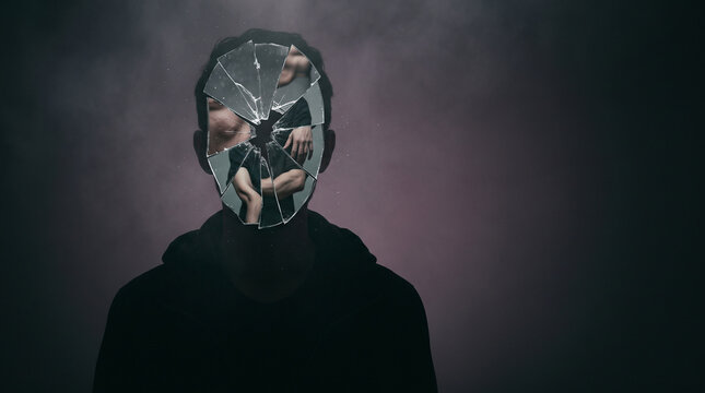 Man with broken mirror face illustrating psychological struggle and body dysmorphia. Conceptual art depicting distorted identity and mental health disorder in dark surrealist style.