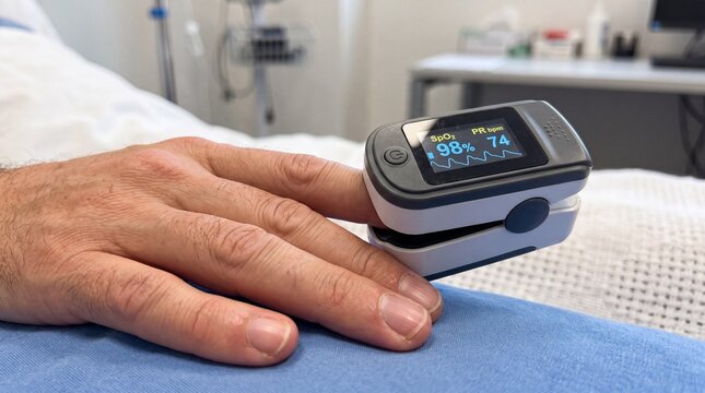 Fingertip pulse oximeter monitoring oxygen saturation and heart rate on patient in hospital