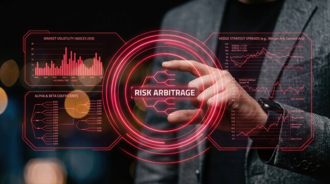 Professional interacting with a cutting-edge holographic interface to analyze complex risk arbitrage data and optimize financial strategies for future market success