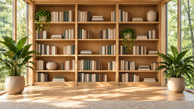 Modern Wood Library and Bookshelf Virtual Background