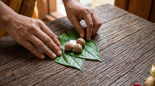 Hands placing whole areca nuts on fresh heart-shaped betel leaves