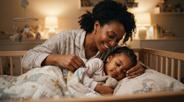 Mother tucking her sleepy daughter into bed in a nursery at night