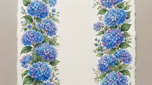Watercolor hydrangea floral borders on textured paper