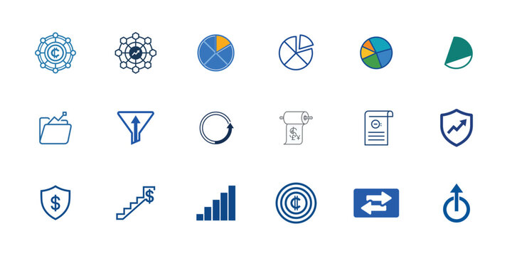 Blue Infographic Vector Set, 28 Statistical Icons, Pie Charts, Growth Arrows, File Symbols, Report Graphics, Business Analysis, Financial Data Visualization editable icon set
