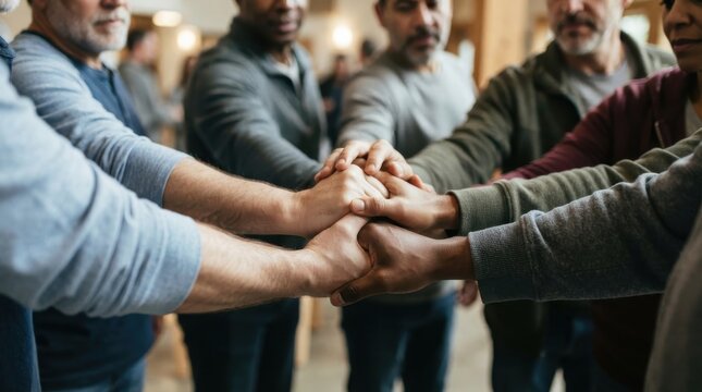 Diverse group of people stacking hands together in unity