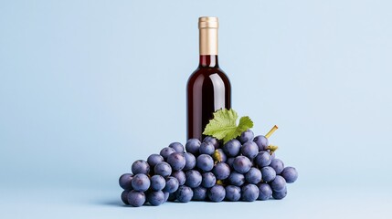 Obraz premium Red wine bottle with dark grapes and vine leaves on a light blue background, minimal winery and harvest concept with copy space