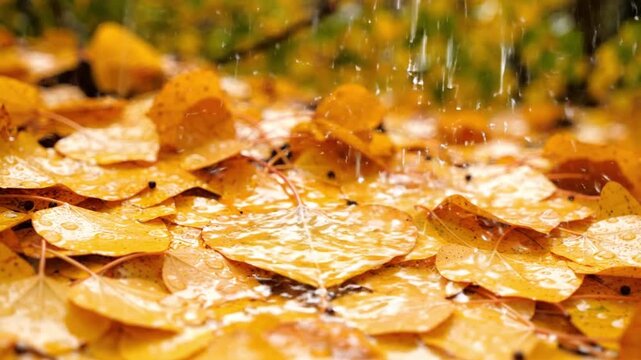 Golden aspen leaves on wet forest floor with soft bokeh