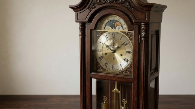 Vintage wooden grandfather clock with brass dial and pendulum