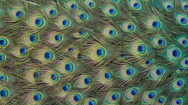 Vibrant peacock feather pattern background showing iridescent blue eyespots