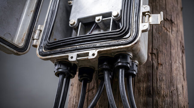 Telecom infrastructure optical network junction box mounted on wooden pole with cables connected