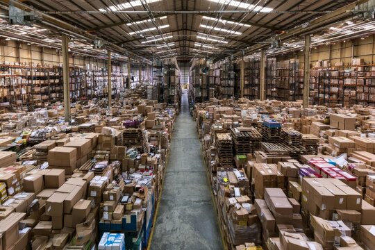 Busy warehouse during daytime with many stacked boxes and pallets in organized rows