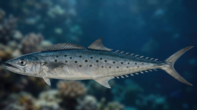 Atlantic Spanish Mackerel (Scomberomorus maculatus) Swimming in Deep Ocean Water