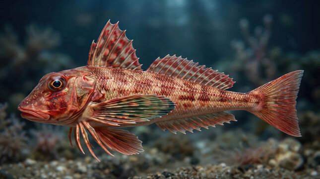 Red Gurnard (Chelidonichthys cuculus) Swimming Underwater over Seabed