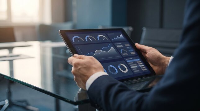 Man in suit holding tablet with digital dashboard analytics and charts in modern office setting with shallow depth of field.